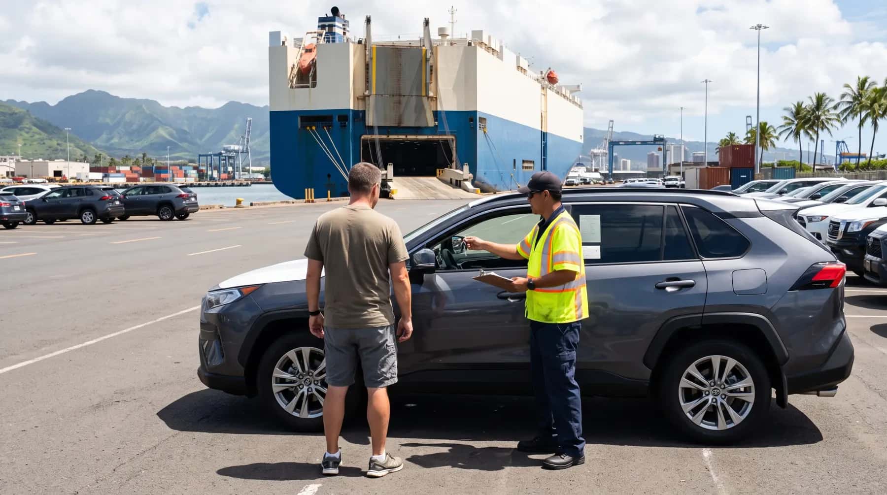 Owner collecting an SUV at a Hawaii port, the ship behind
