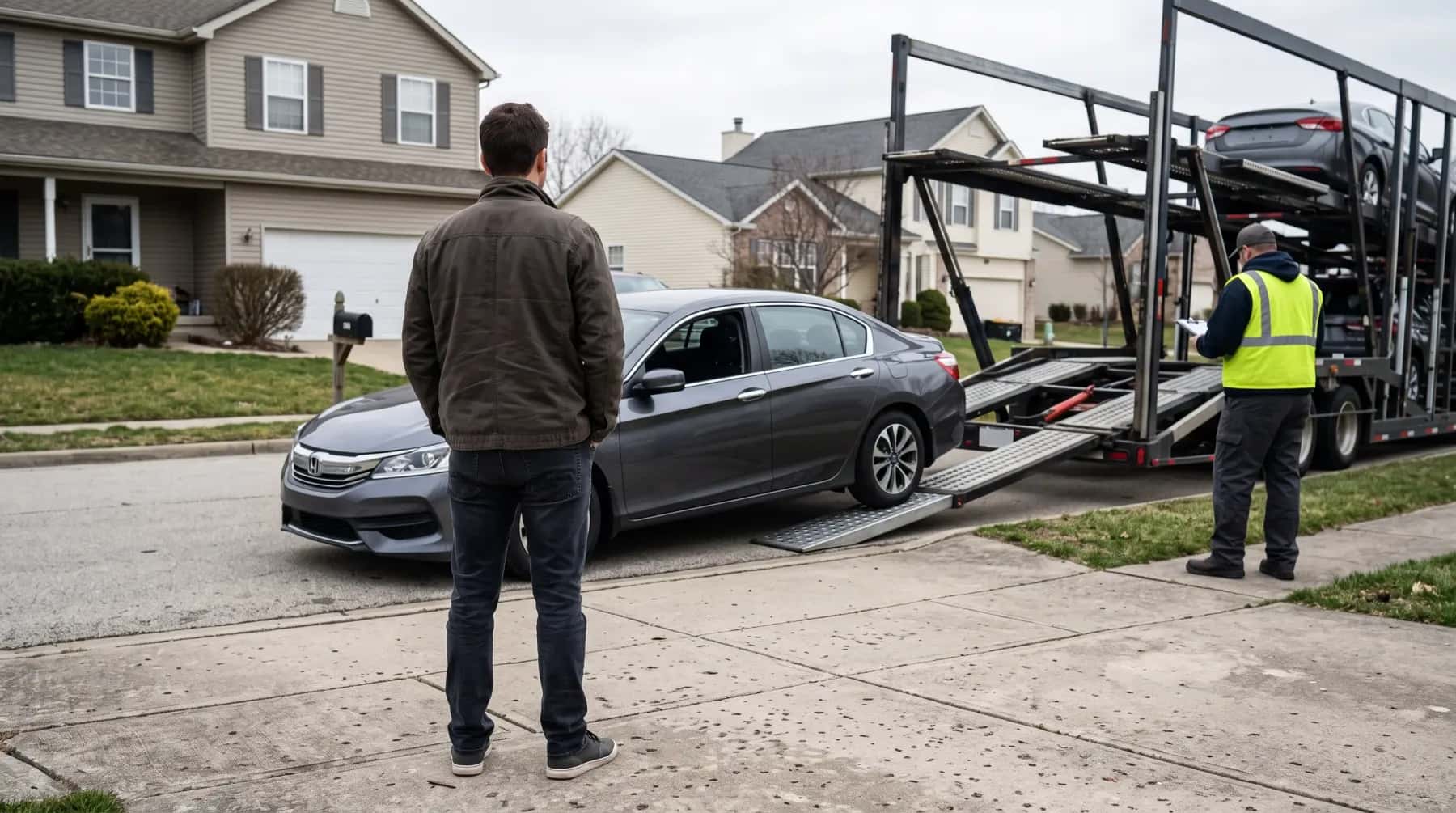 Buyer looking over a sedan as it comes off the carrier at his home