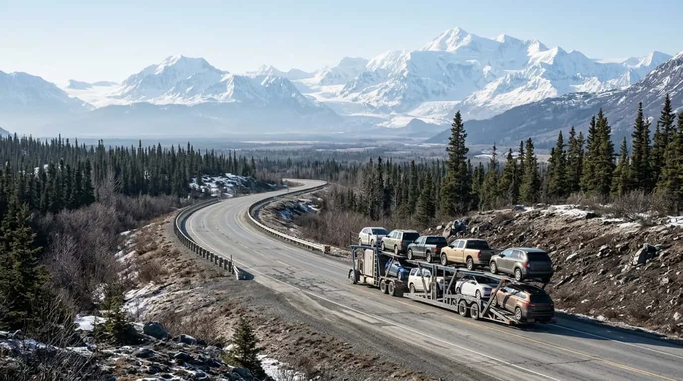 Car carrier on a winding Alaska highway below snowy mountains