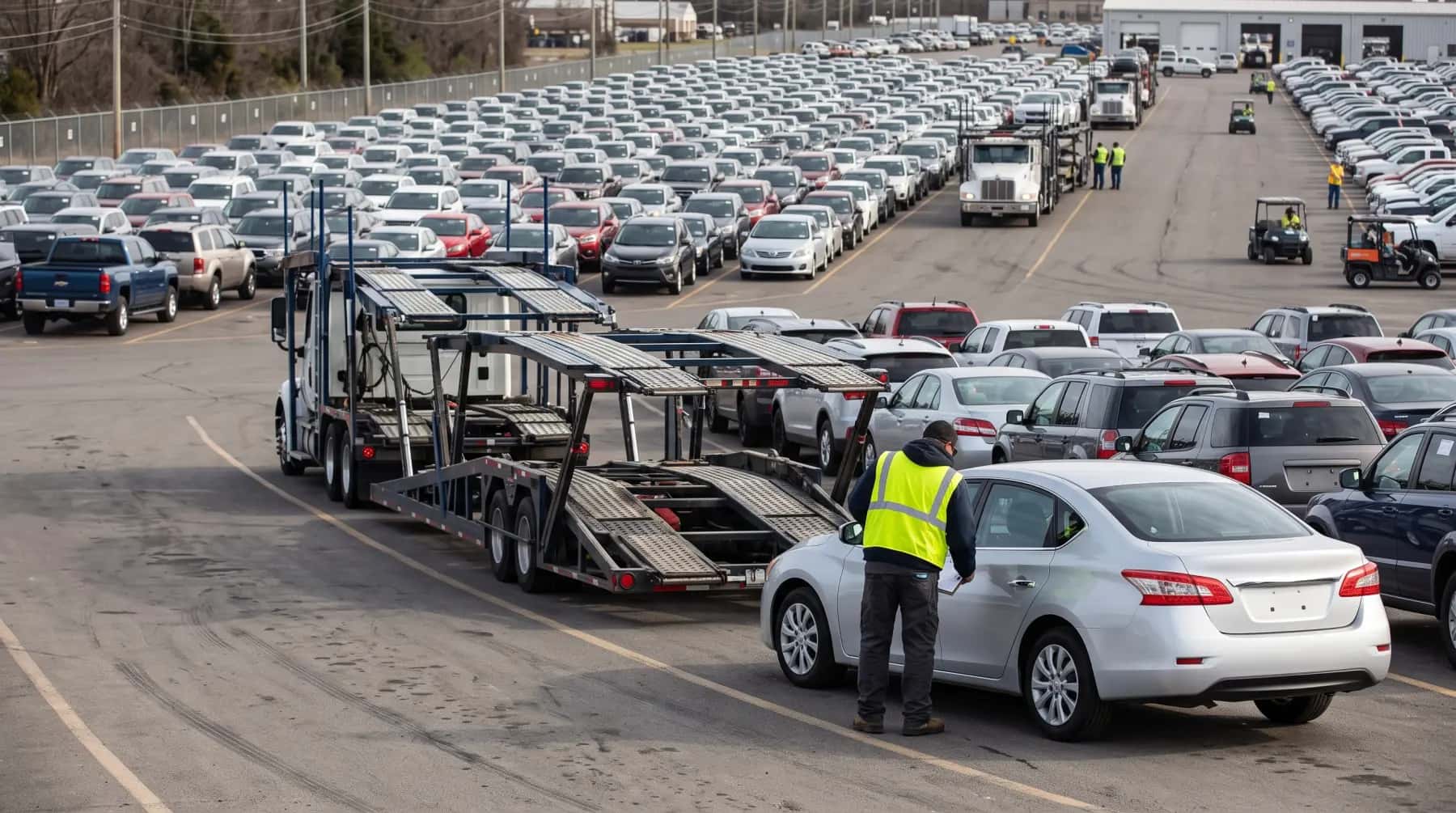 Driver inspecting a sedan in an auction lot beside a car carrier