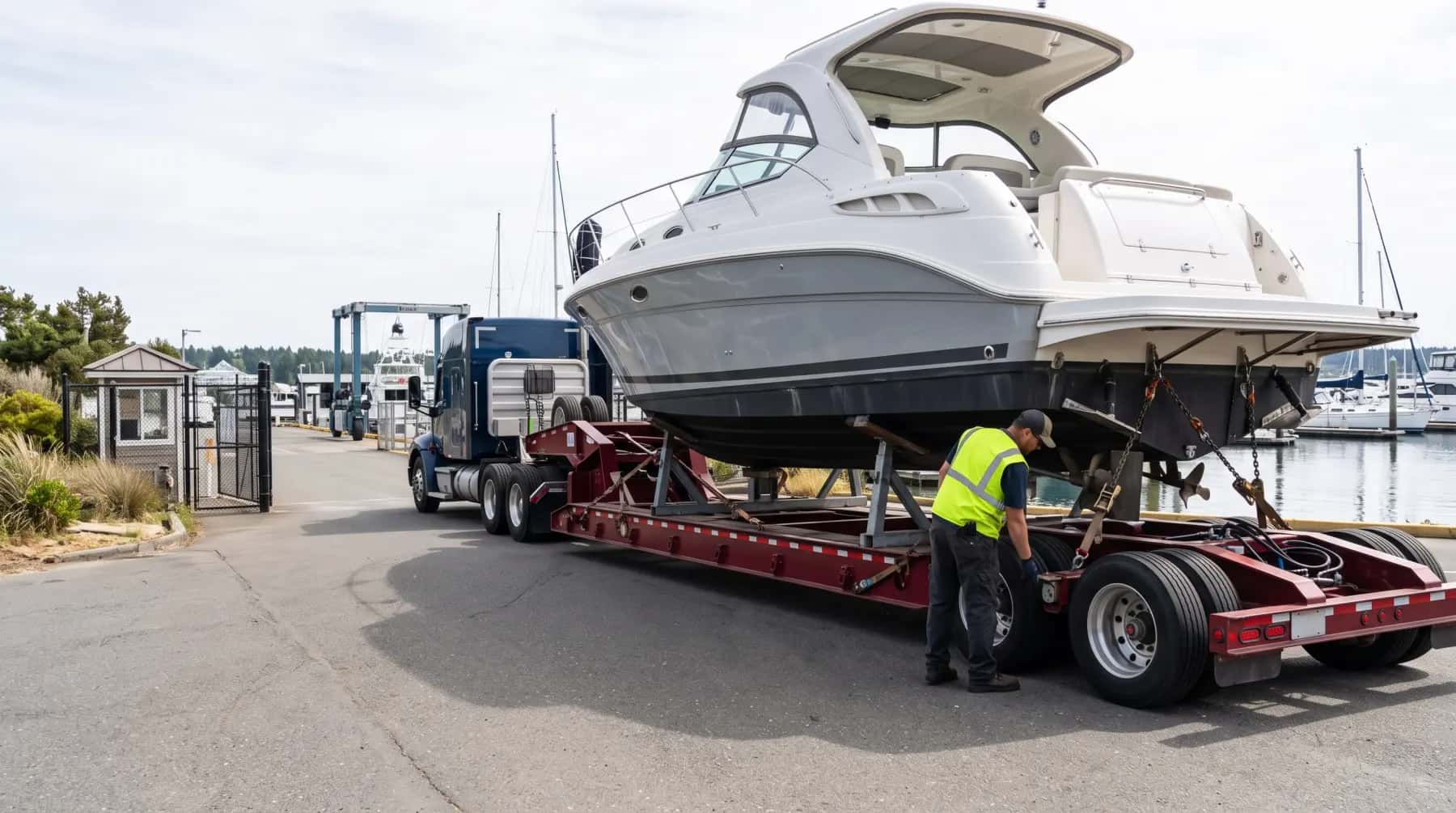 Cabin cruiser strapped to a hydraulic boat hauler at a marina gate