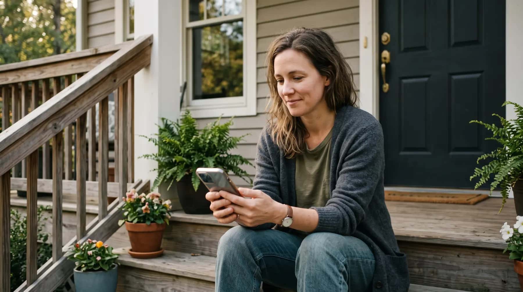 Woman on her porch steps reading an update on her phone