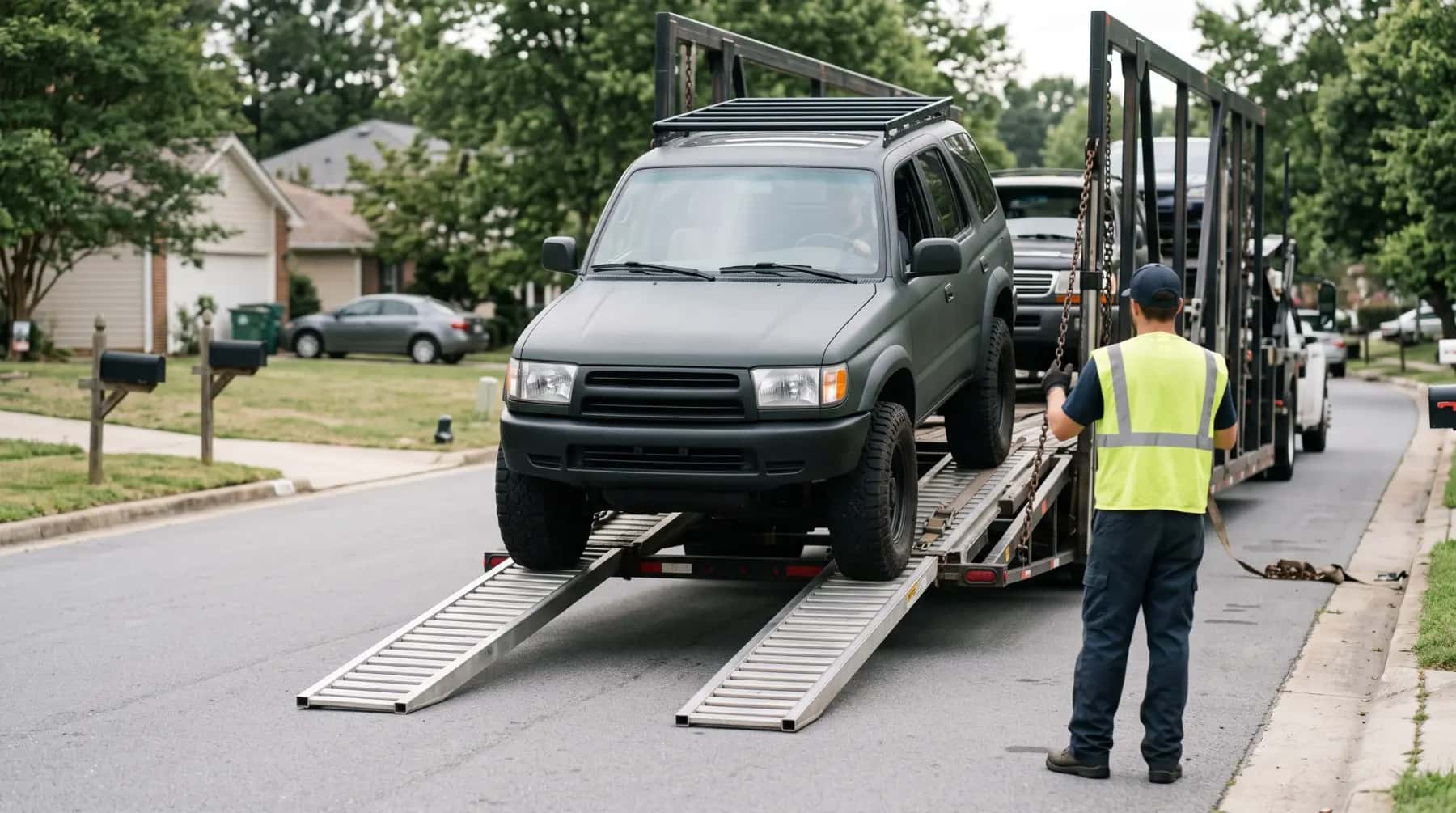 Lifted SUV rolling down the carrier ramps on a residential street