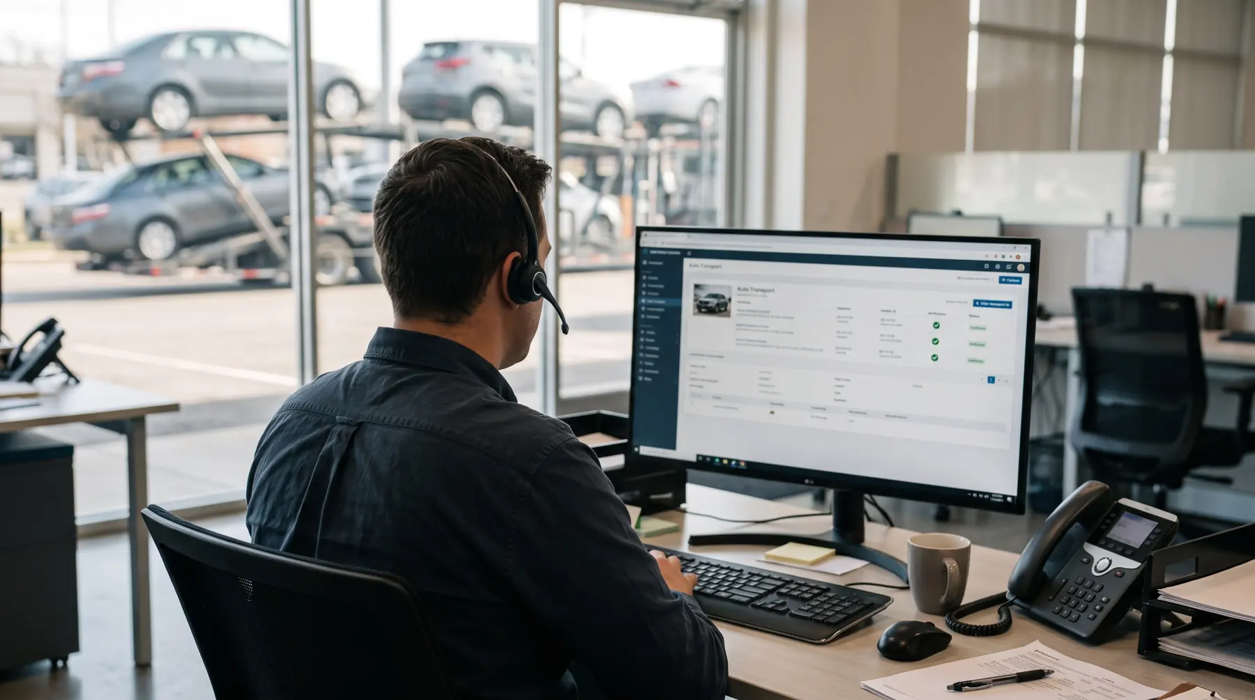 Coordinator with a headset at a desk, an order on screen and carriers outside the window