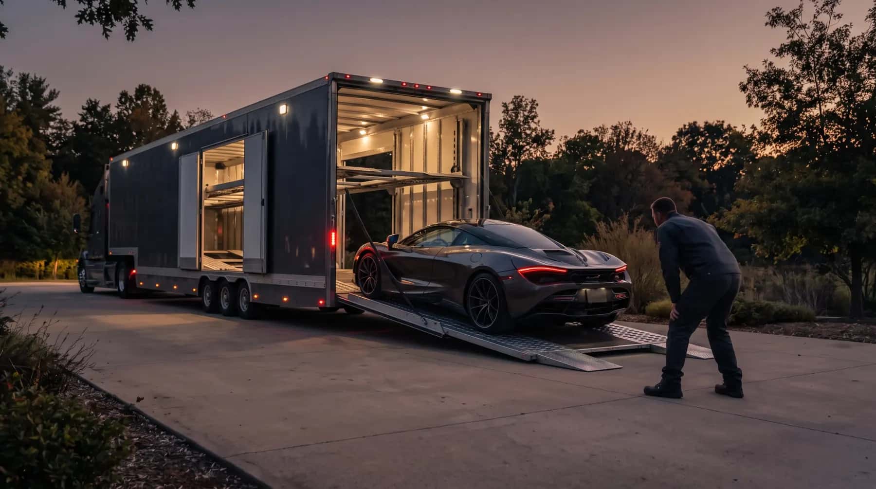 Driver checking a sports car as it rolls out of an enclosed trailer at dusk