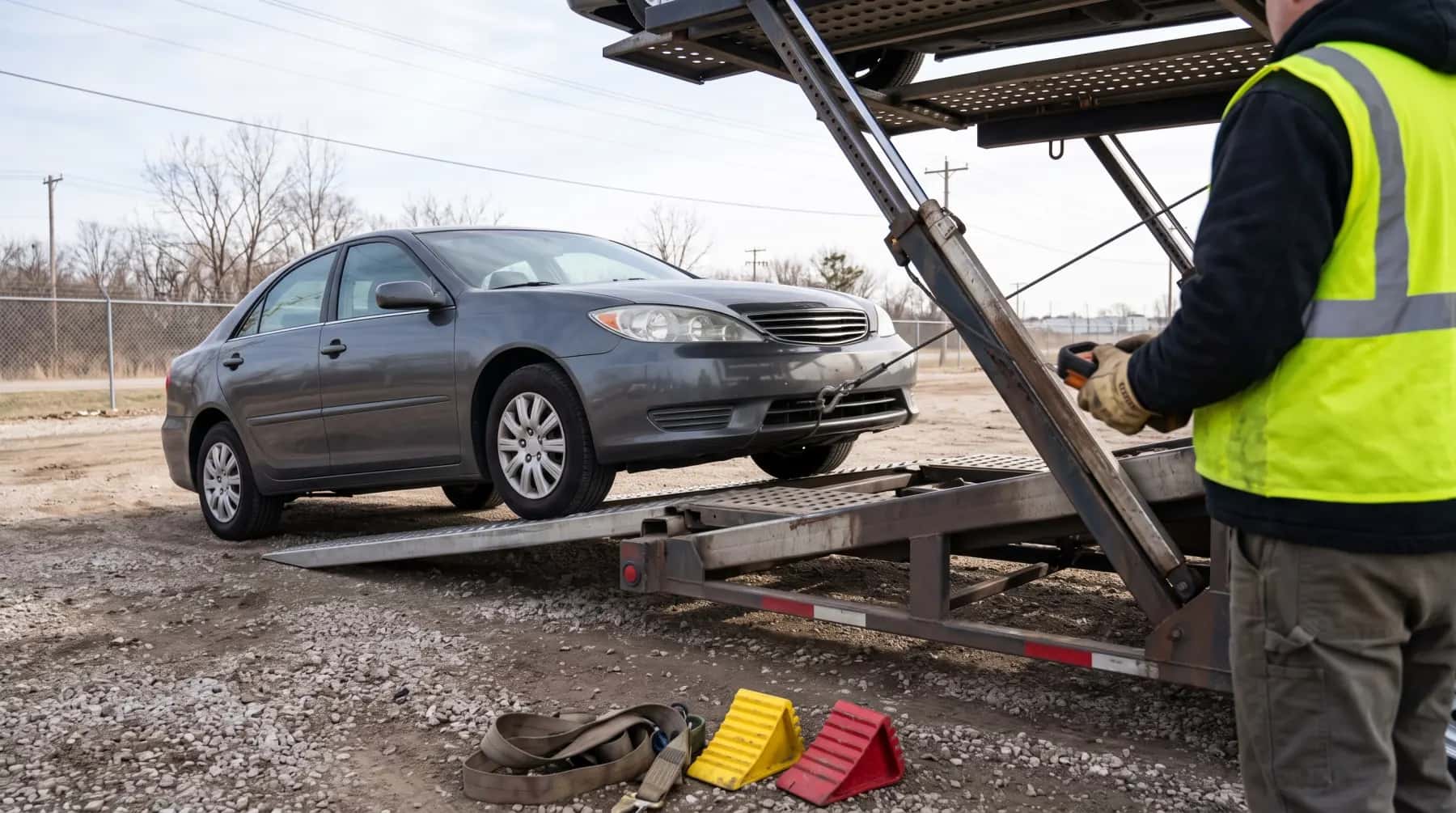 Sedan winched onto a carrier deck, wheel chocks beside it
