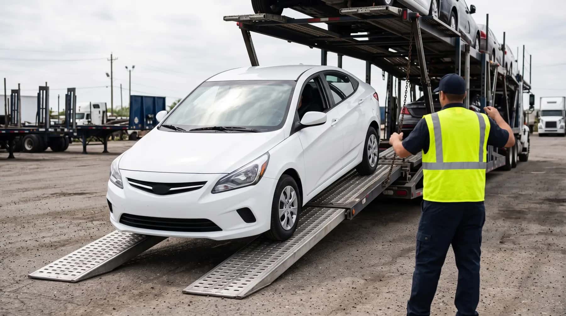 Driver in a safety vest guiding a white sedan up the carrier ramp
