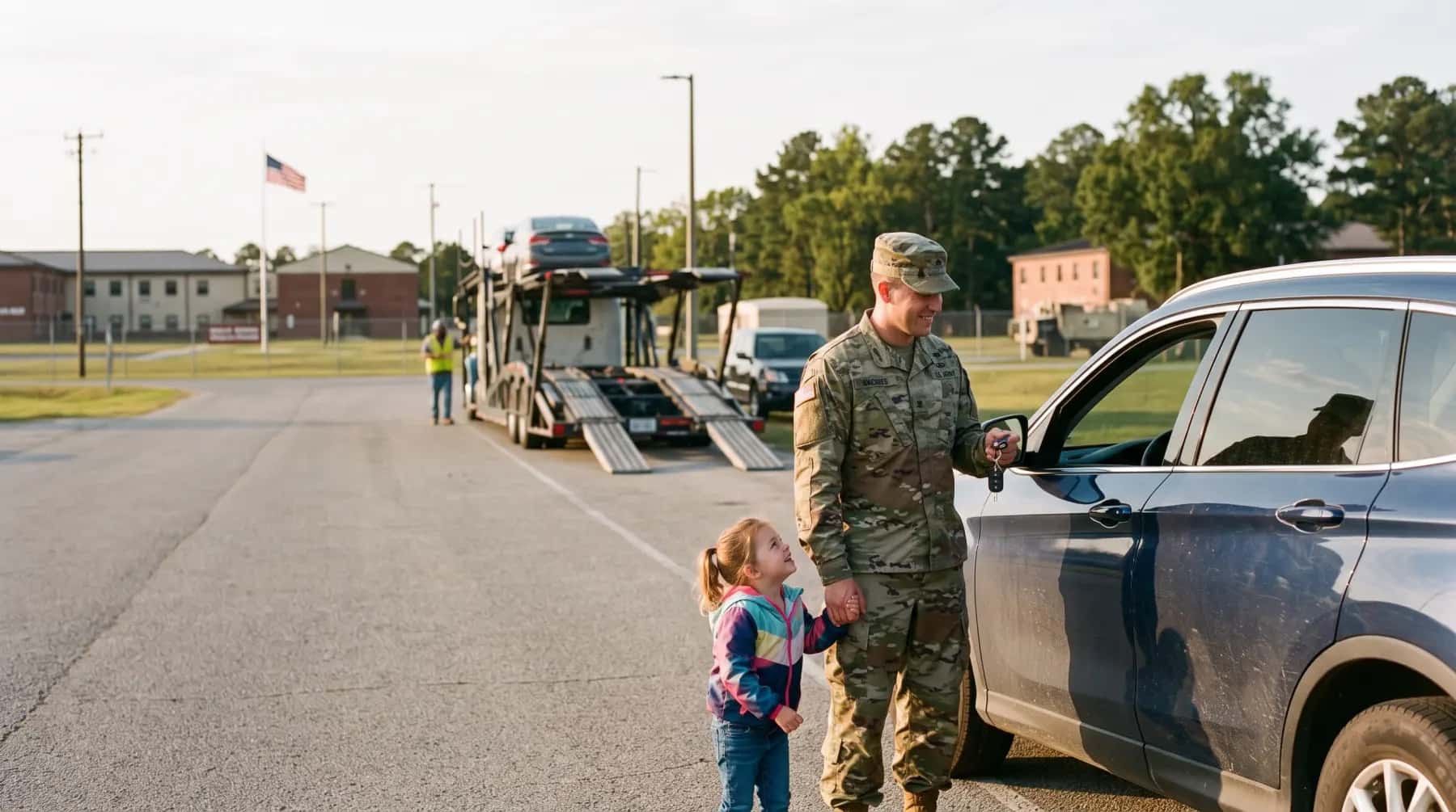 Service member and his daughter collecting their car near a base