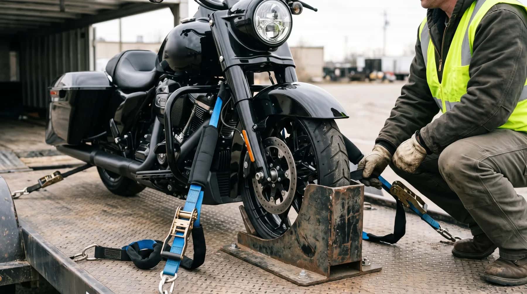 Motorcycle in a wheel chock, strapped down inside a trailer