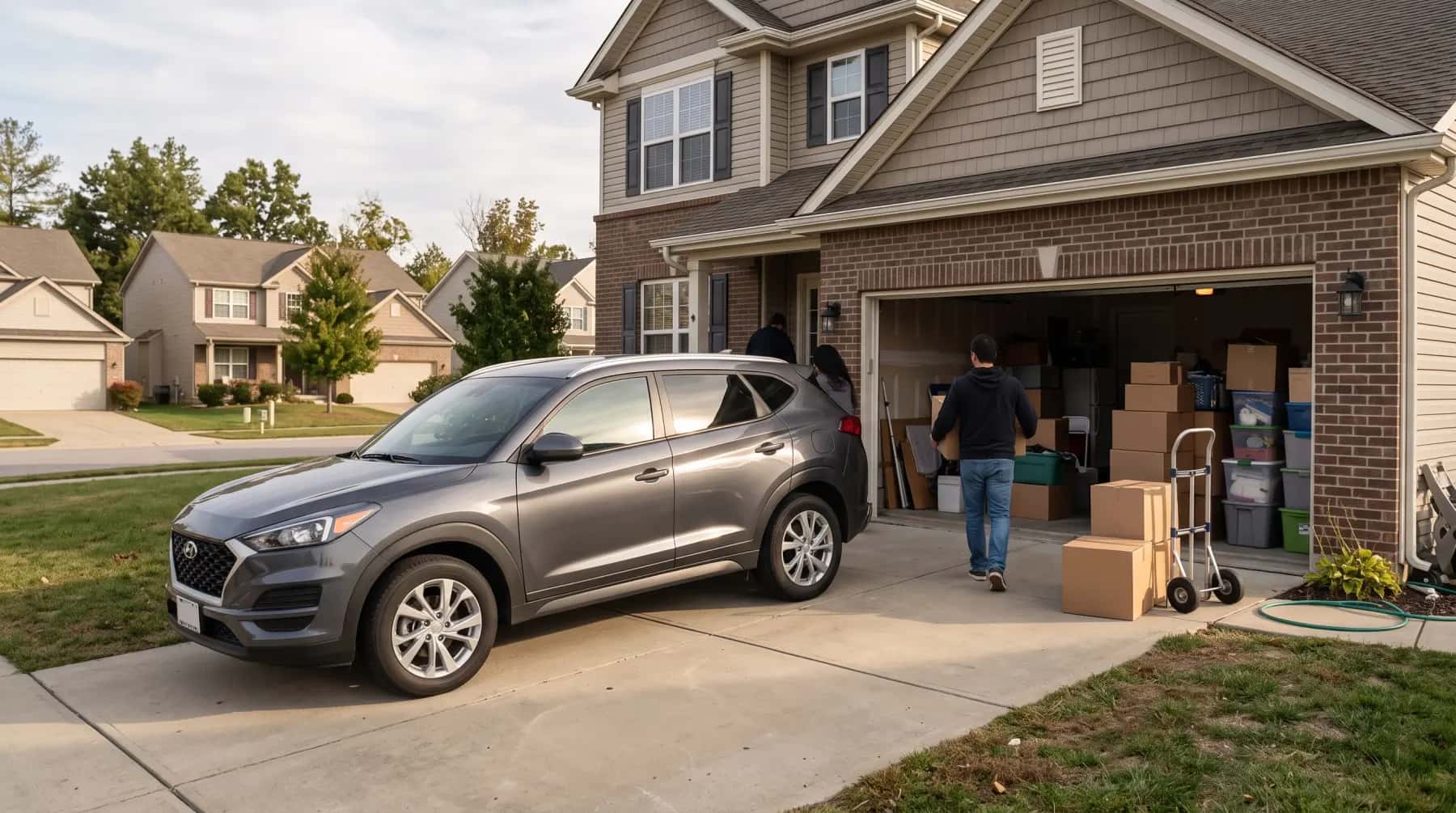 SUV in front of a new home, moving boxes in the open garage