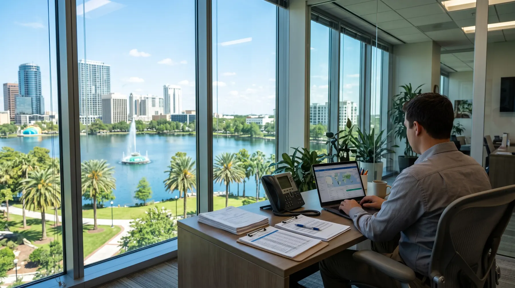 Coordinator at a desk by a window overlooking an Orlando lake and skyline