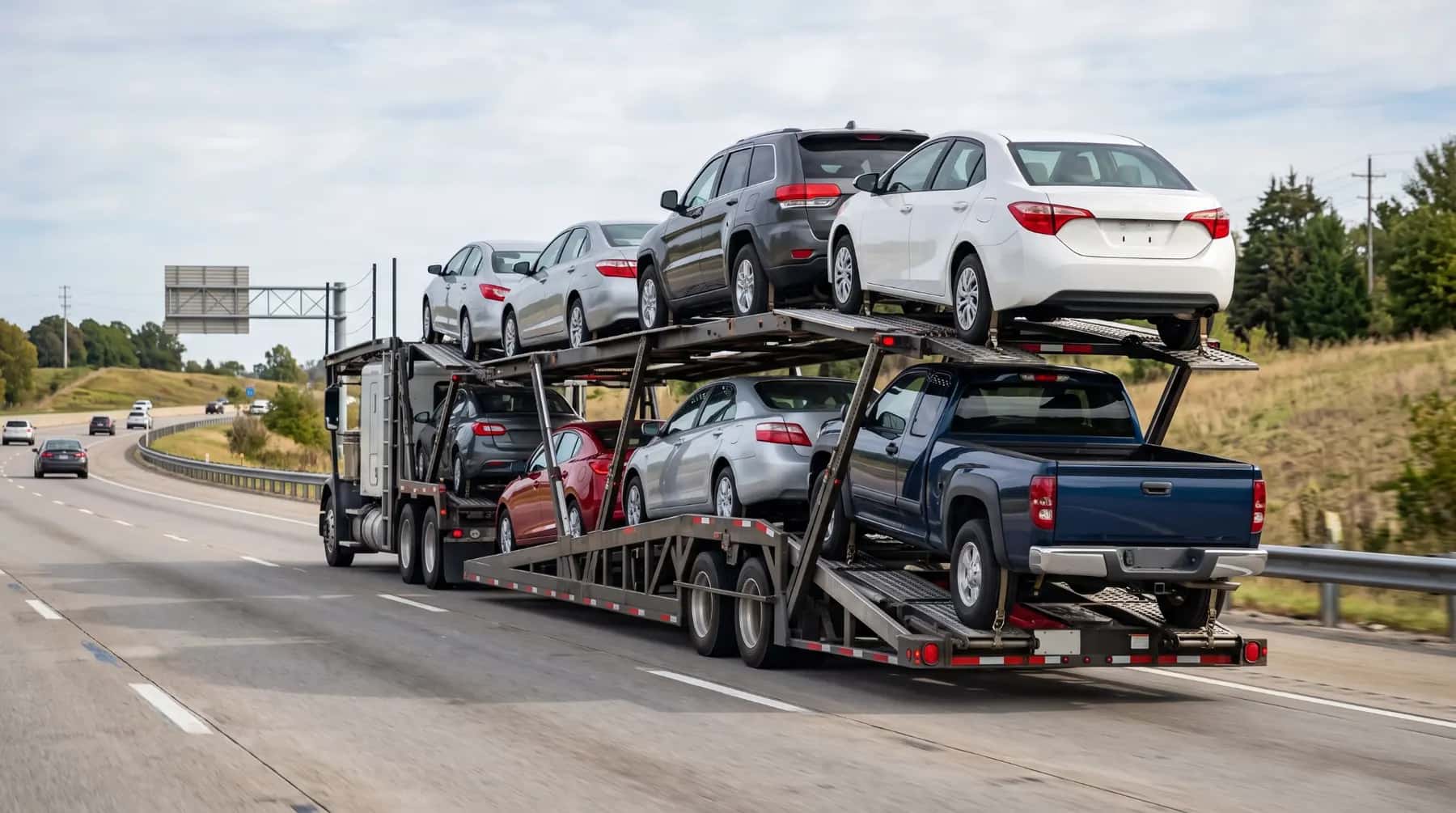 Two-level open carrier loaded with cars and a pickup on the interstate