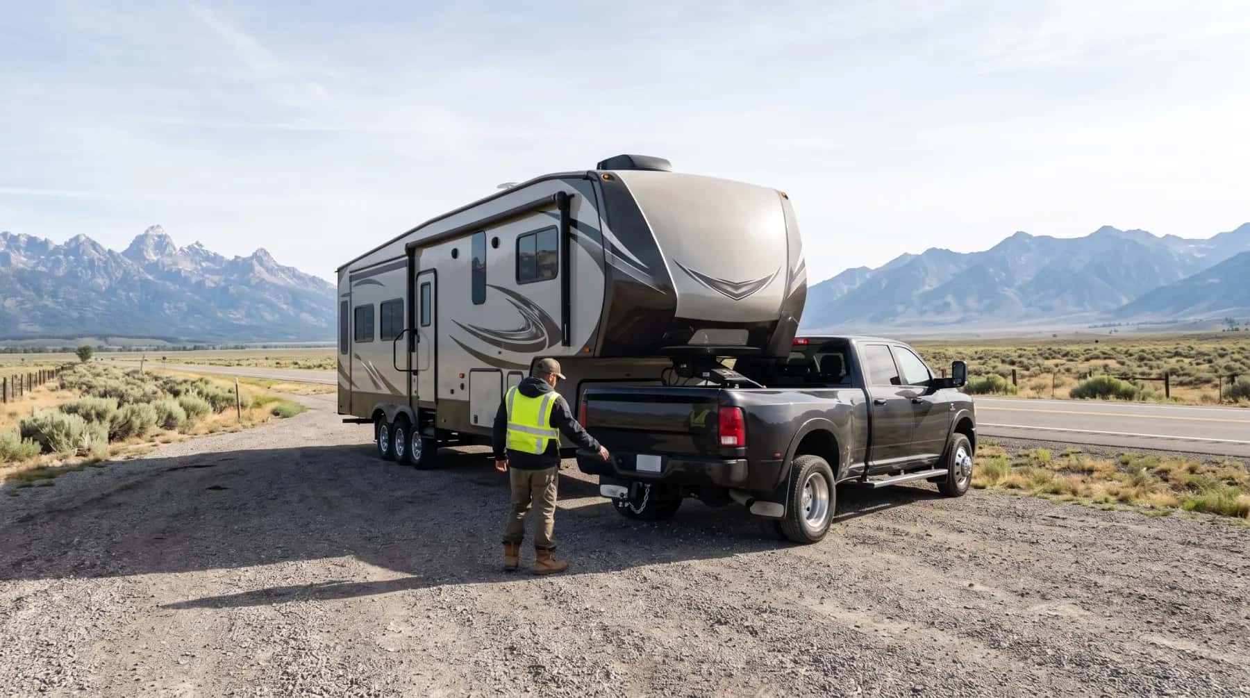 Driver checking the hitch of a fifth-wheel RV before the mountains