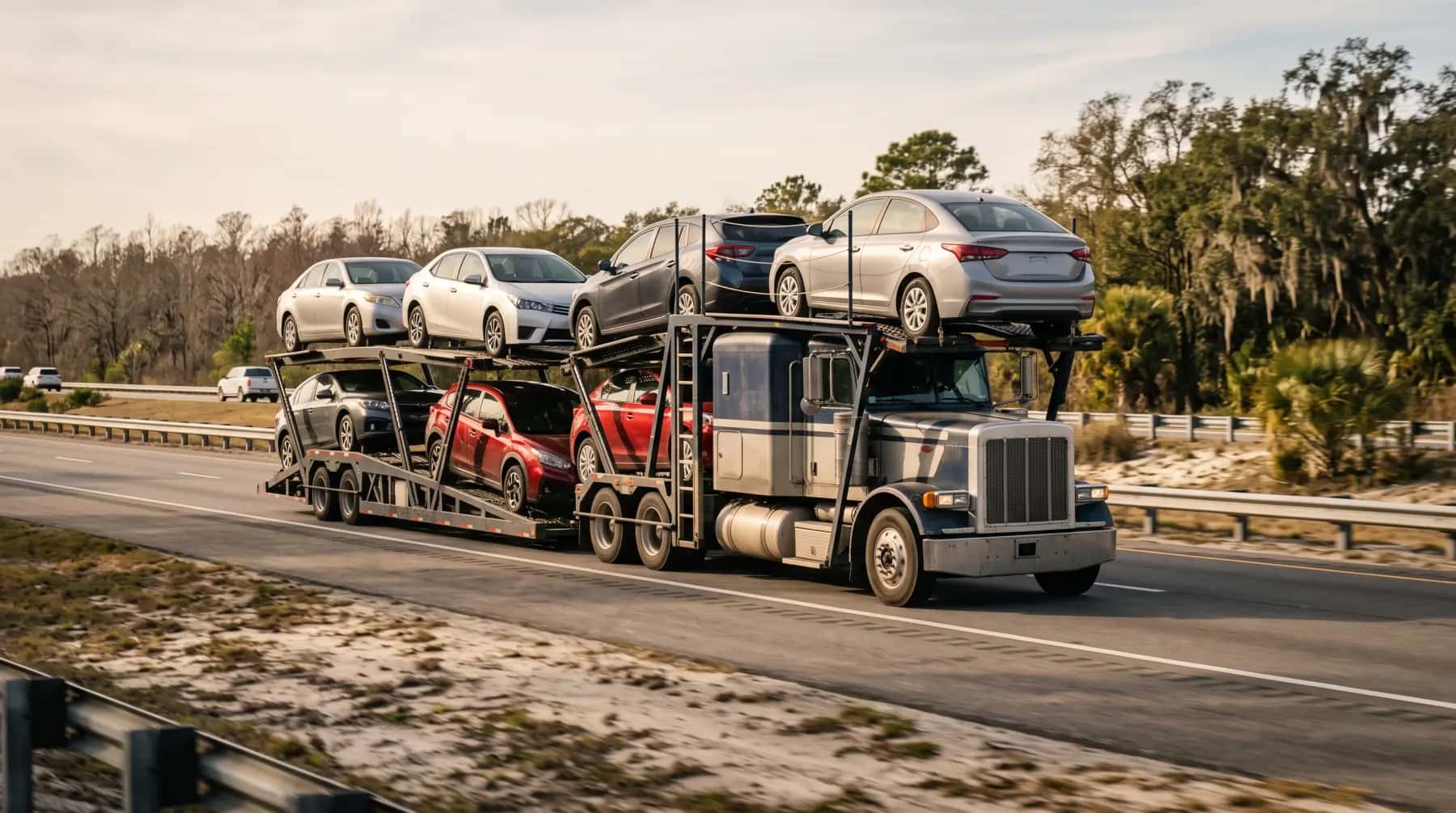 Loaded car carrier on a Southern highway lined with oaks